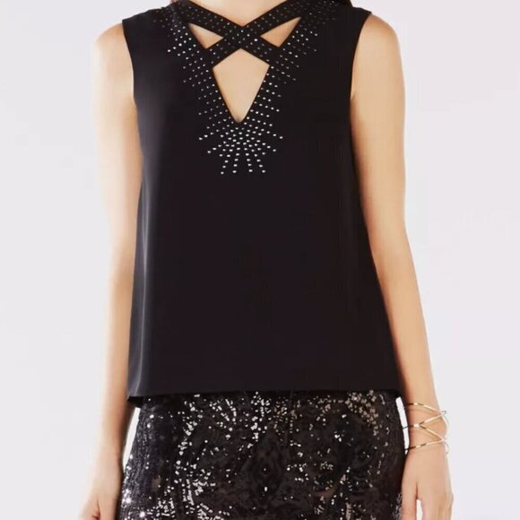 BCBGMaxAzria Black Joline Studded Crisscross Sleeveless Blouse, Size Small - Picture 2 of 15